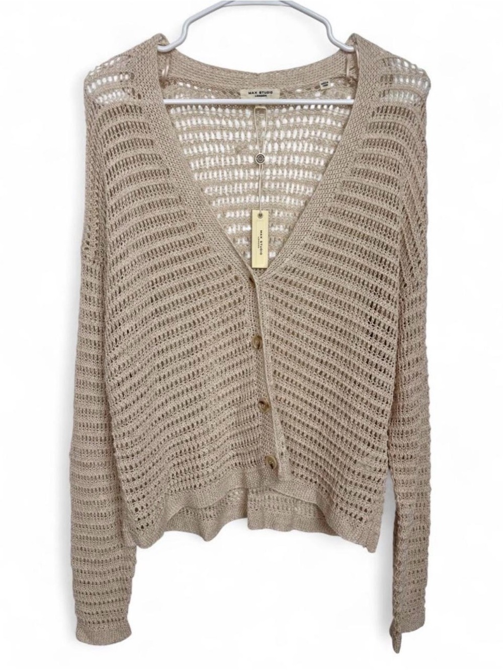 NWT Max Studio London Open Knit Crochet Button Down Cardigan Small Neutral